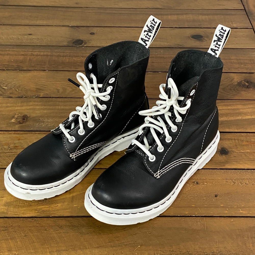 Dr. Martens 1460 Pascal Black White Leather Boots 8-Eye Contrast Sole Size 7
